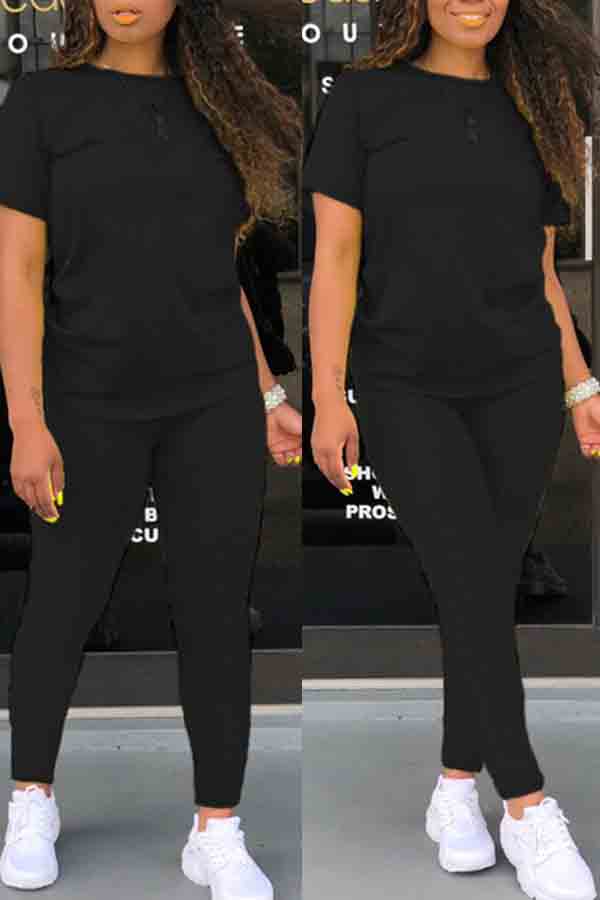 

lovely Leisure O Neck Basic Black Two-piece Pants Set
