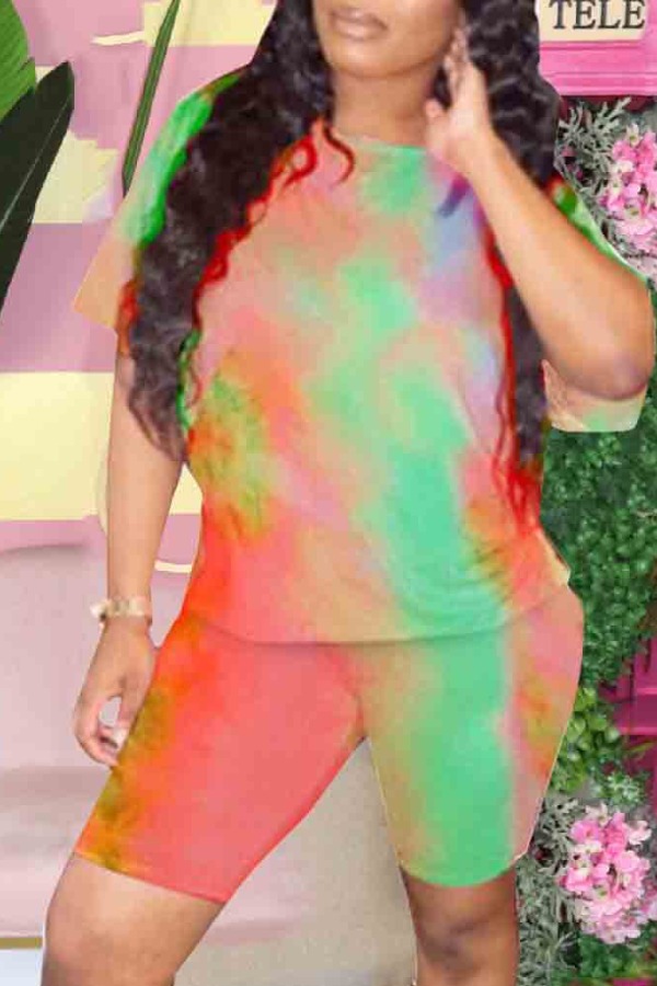 

lovely Street O Neck Tie-dye Red Two-piece Shorts Set