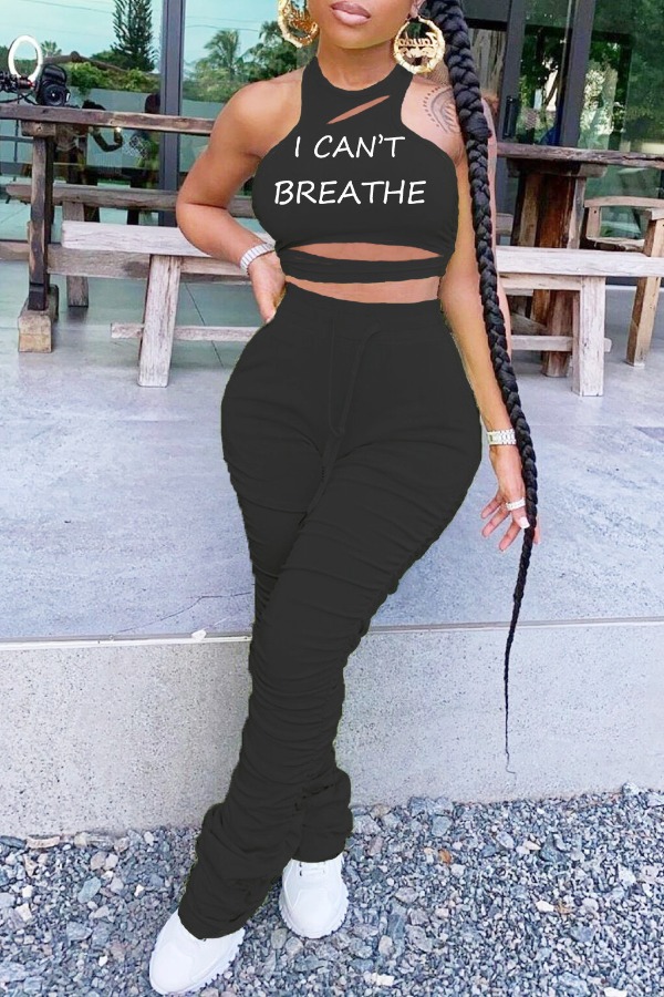 

lovely Leisure Letter Print Black Two-piece Pants Set