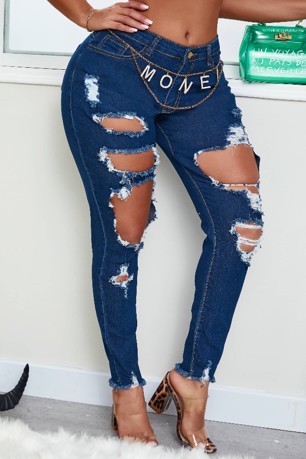 

lovely Trendy Hollow-out Deep Blue Jeans