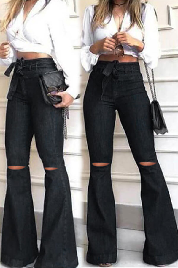 

Lovely Casual High-waisted Broken Holes Black Jeans