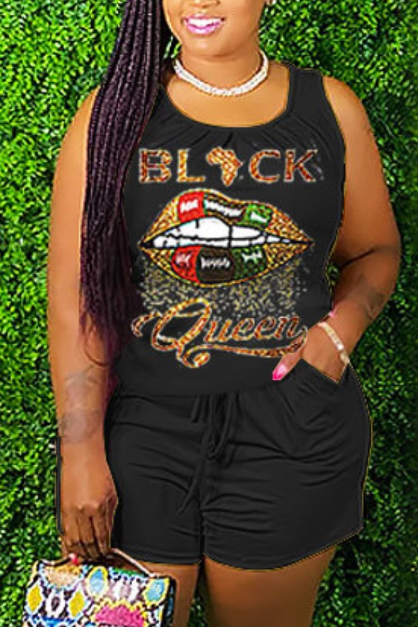 

lovely Sportswear Lip Print Black Two-piece Shorts Set