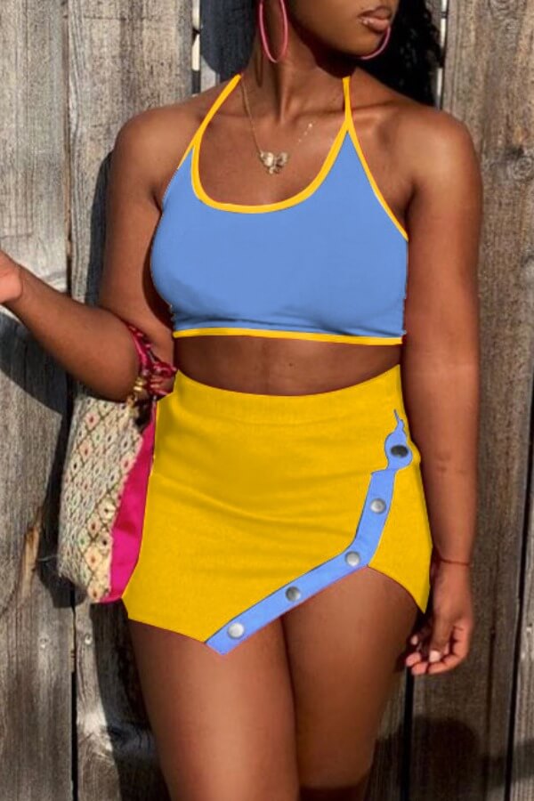 

Lovely Sportswear Patchwork Blue Two-piece Skirt Set