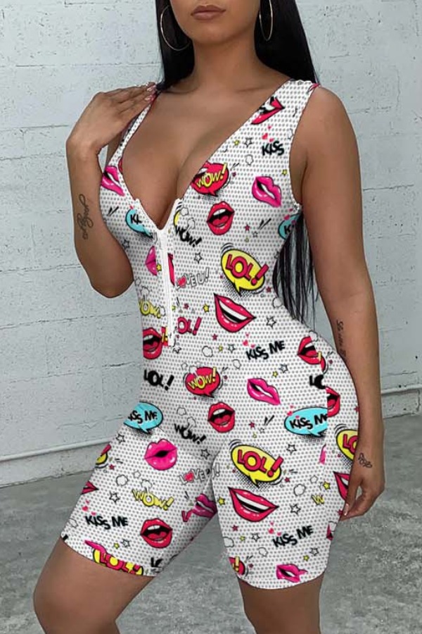 

lovely Leisure Lip Print White One-piece Romper