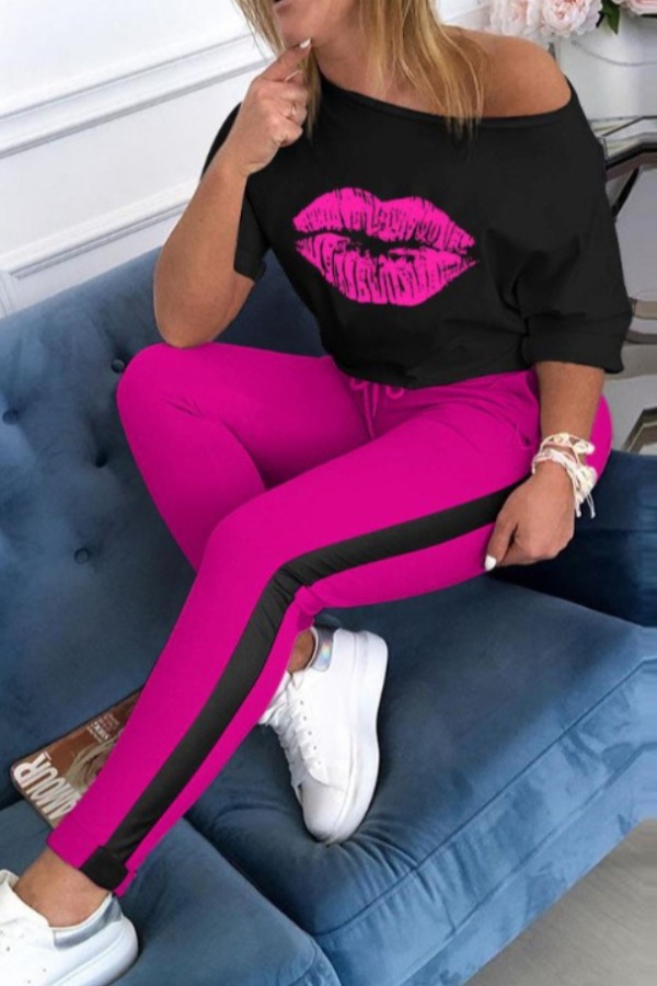 

lovely Casual Lip Print Purple Plus Size Two-piece Pants Set