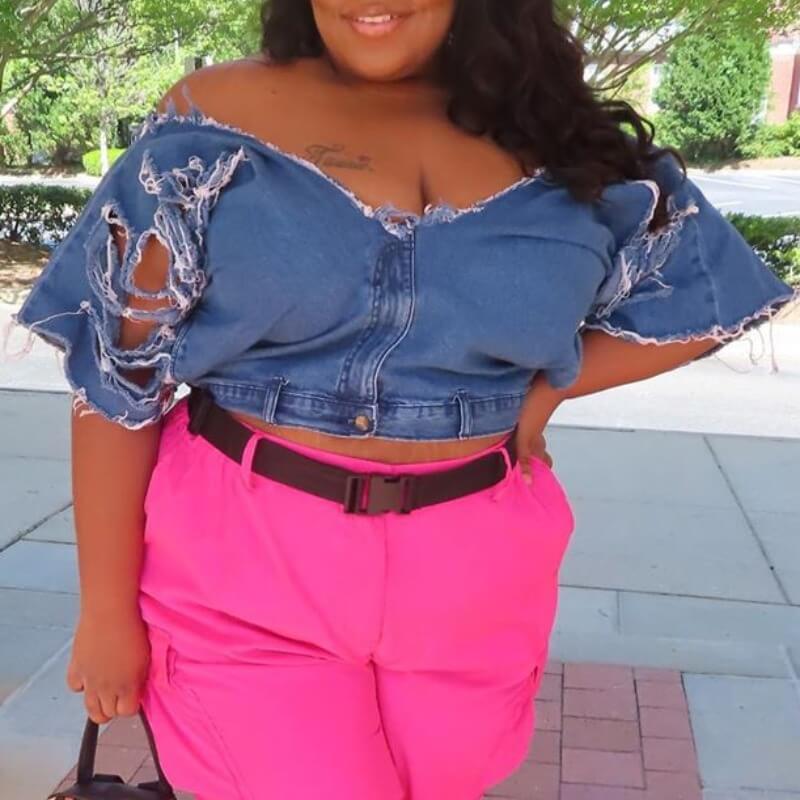 

Lovely Trendy Broken Holes Blue Plus Size Denim Blouse