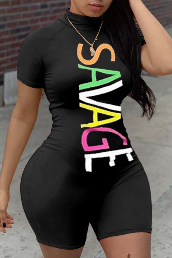 

Lovely Plus Size Sportswear Letter Print Black One-piece Romper