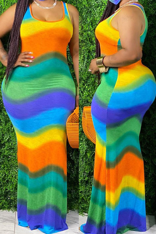 

Lovely Bohemian Rainbow Striped Green Maxi Plus Size Dress