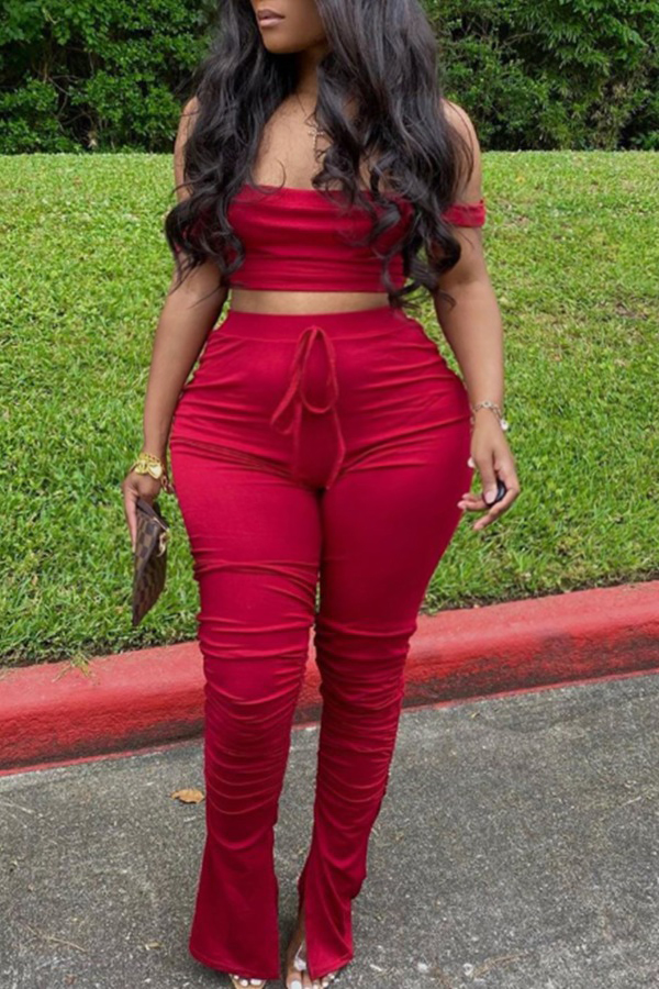 

Lovely Casual Dew Shoulder Red Plus Size Two-piece Pants Set