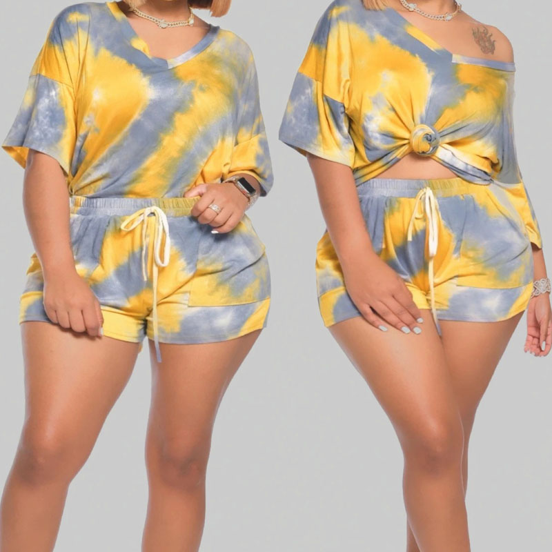 

lovely Street V Neck Tie-dye Yellow Plus Size Two-piece Shorts Set