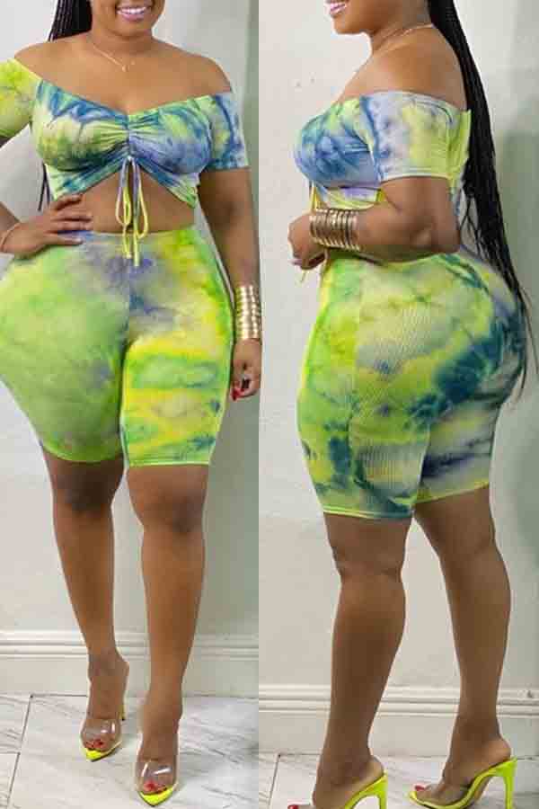 

Lovely Trendy Dew Shoulder Tie-dye Green Plus Size Two-piece Shorts Set