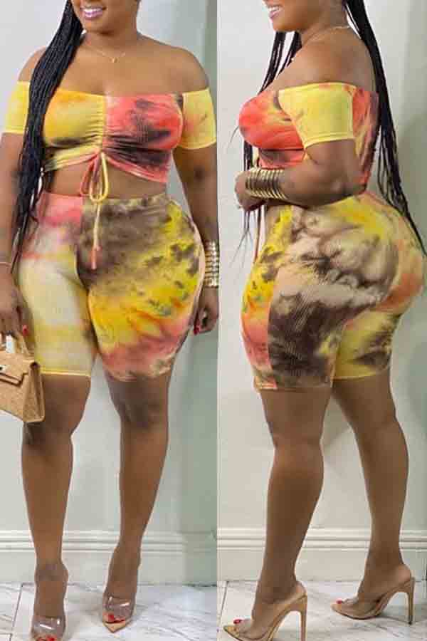 

Lovely Trendy Tie-dye Fold Design Yellow Plus Size Two-piece Shorts Set