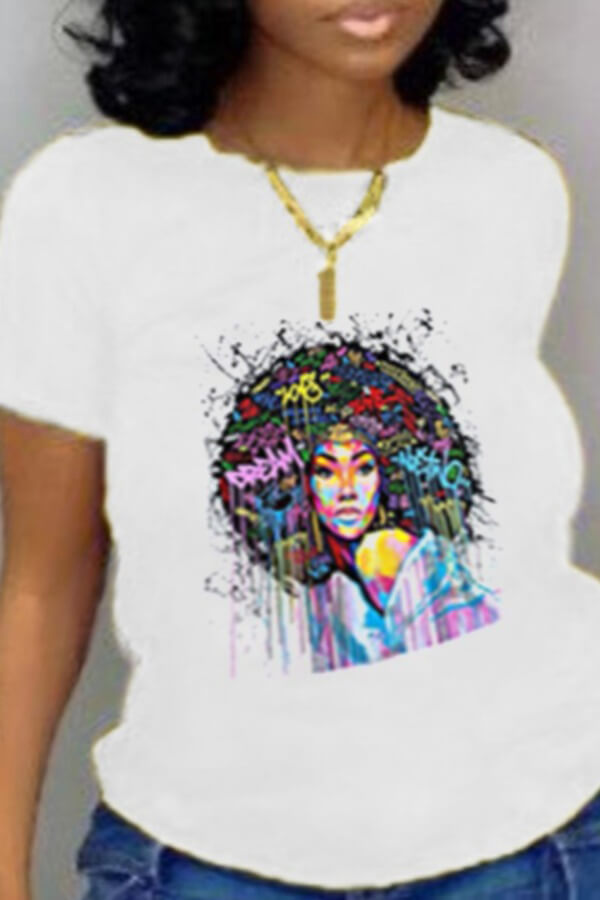 

Lovely Leisure O Neck Print White Plus Size T-shirt