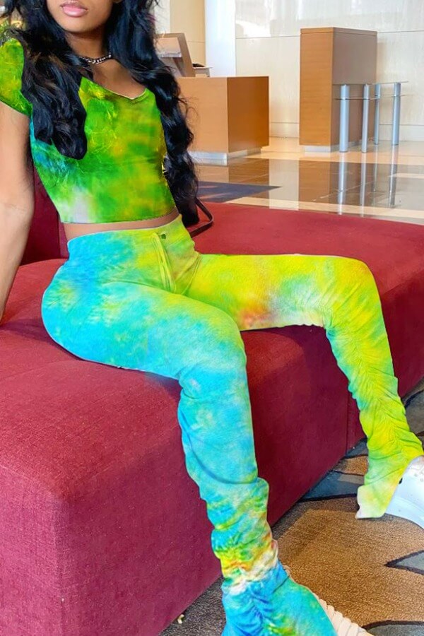 LW Tie Dye Yellow Pants Set Sale LovelyWholesale