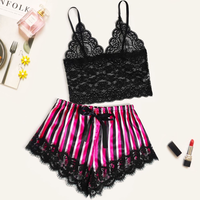 

lovely Sexy Lace Hem Striped Black Sleepwear