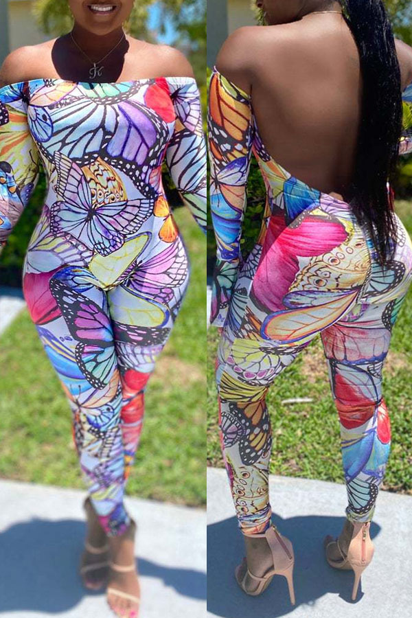 

lovely Trendy Butterfly Print Backless Purple One-piece Jumpsuit