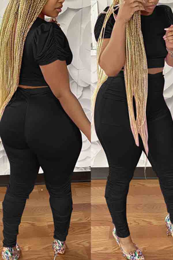 

lovely Leisure O Neck Basic Skinny Black Two-piece Pants Set