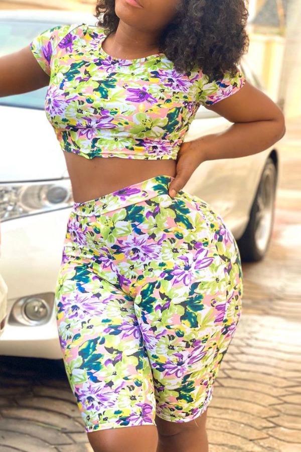 

lovely Casual O Neck Plants Print Multicolor Two-piece Shorts Set, Multi