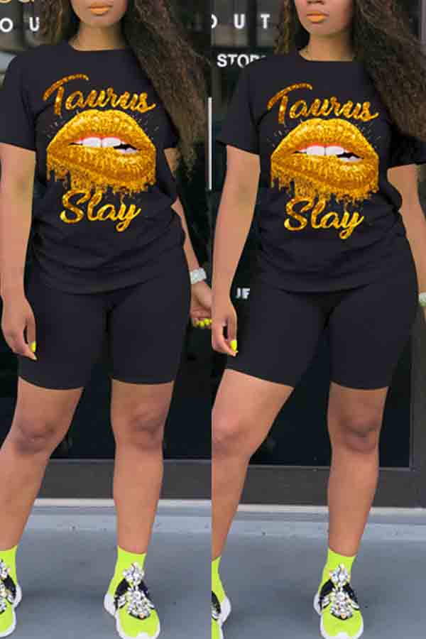 

lovely Leisure O Neck Lip Print Black Two-piece Shorts Set