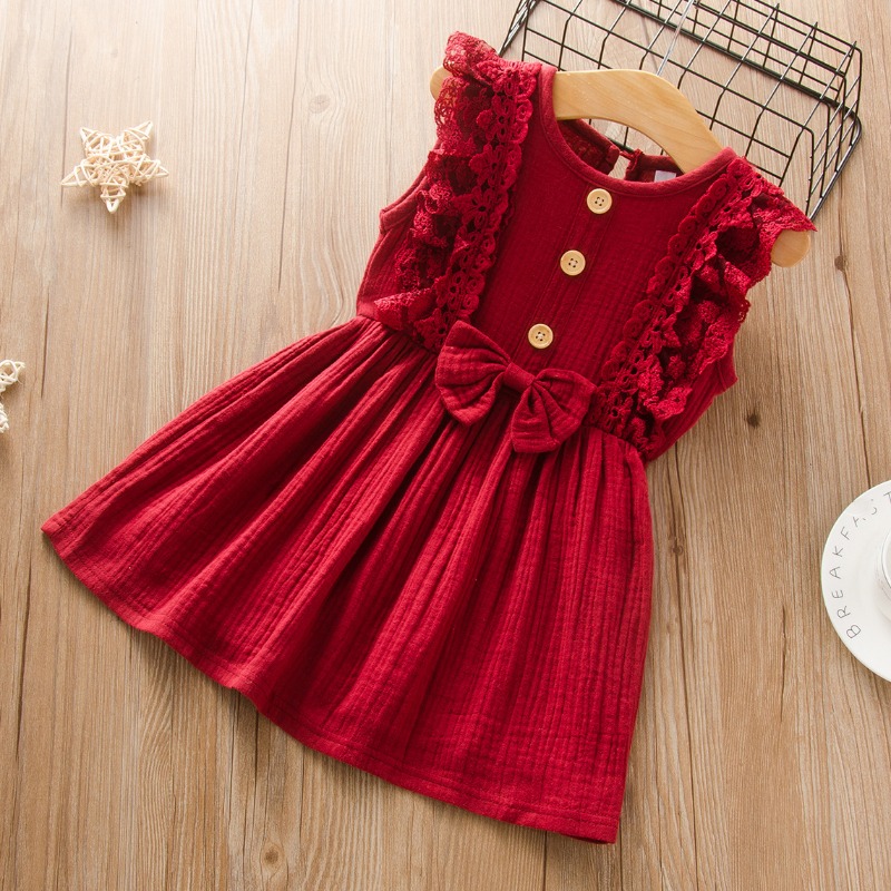 

lovely Trendy Buttons Design Bow-Tie Wine Red Girl Knee Length Dress