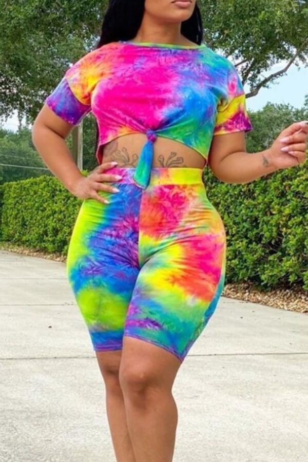 

lovely Leisure O Neck Tie-dye Pink Two-piece Shorts Set