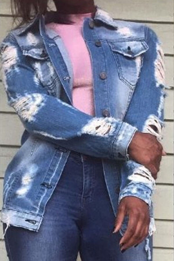 

Lovely Stylis Turndown Collar Broken Holes Blue Denim Jacket