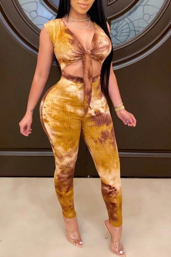 

lovely Trendy Tie-dye Knot Design Yellow Plus Size Two-piece Pants Set
