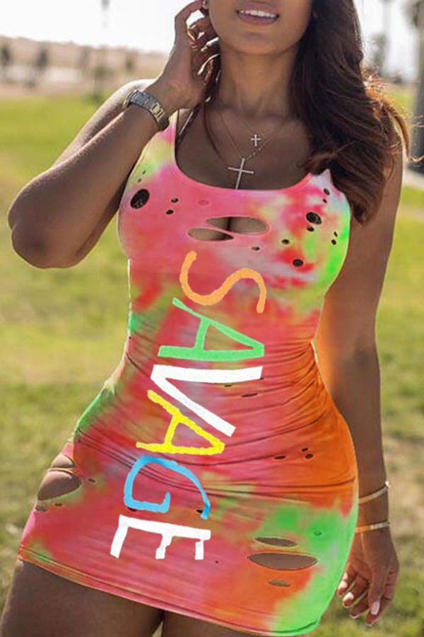 

Lovely Stylish U Neck Tie-dye Multicolor Mini Dress, Multi