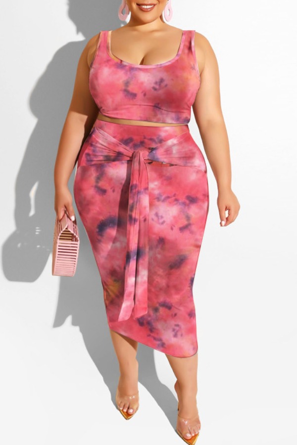 

lovely Trendy U Neck Tie-dye Watermelon Red Plus Size Two-piece Skirt Set