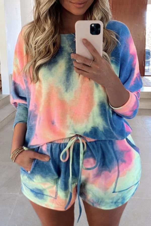

lovely Stylish Tie-dye Deep Blue Plus Size Two-piece Shorts Set