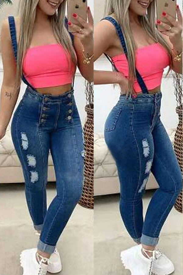 

Lovely Trendy Buttons Design Royalblue Denim One-piece Jumpsuit