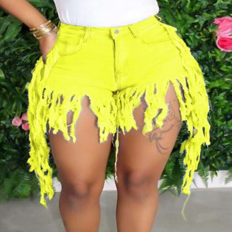 LW Plus Size Casual Tassel Design Yellow Denim Shorts