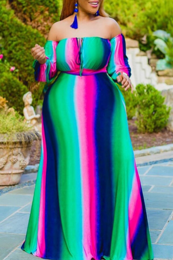 

Lovely Plus Size Bohemian Striped Green Maxi Dress