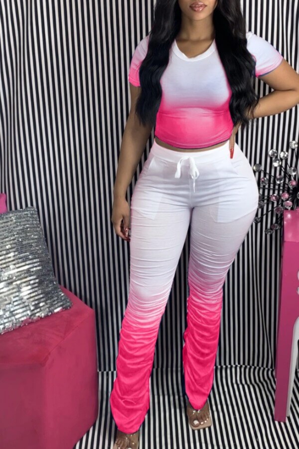 LovelyWholesale Casual Gradual Change Rose Red Two-piece Pants Set Spring Short Sleeve Casual Patchwork Round Neck Spring Summer 2024