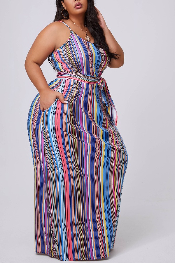 

lovely Casual Striped Rose Red Maxi Plus Size Dress