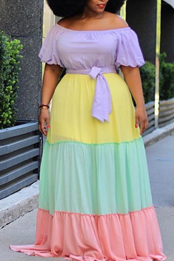 

Lovely Bohemian Color-lump Patchwork Multicolor Maxi Plus Size Dress, Multi