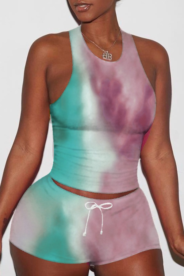 

lovely Sportswear Tie-dye Green Two-piece Shorts Set