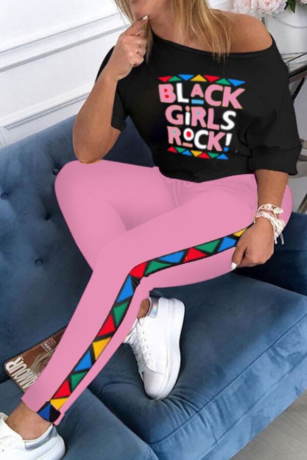 

Lovely Street Letter Print Pink Two-piece Pants Set