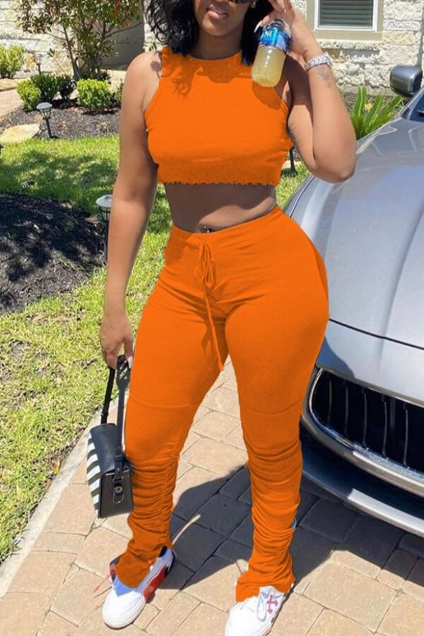 

LW Fold Design Lace-up Slit Tracksuit Pants Set, Jacinth