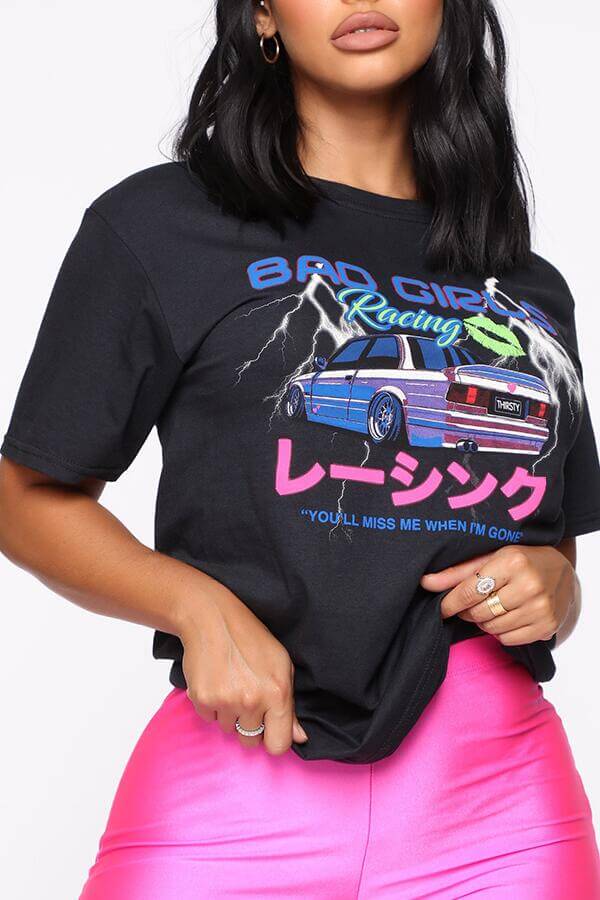 

Lovely Casual O Neck Print Black T-shirt