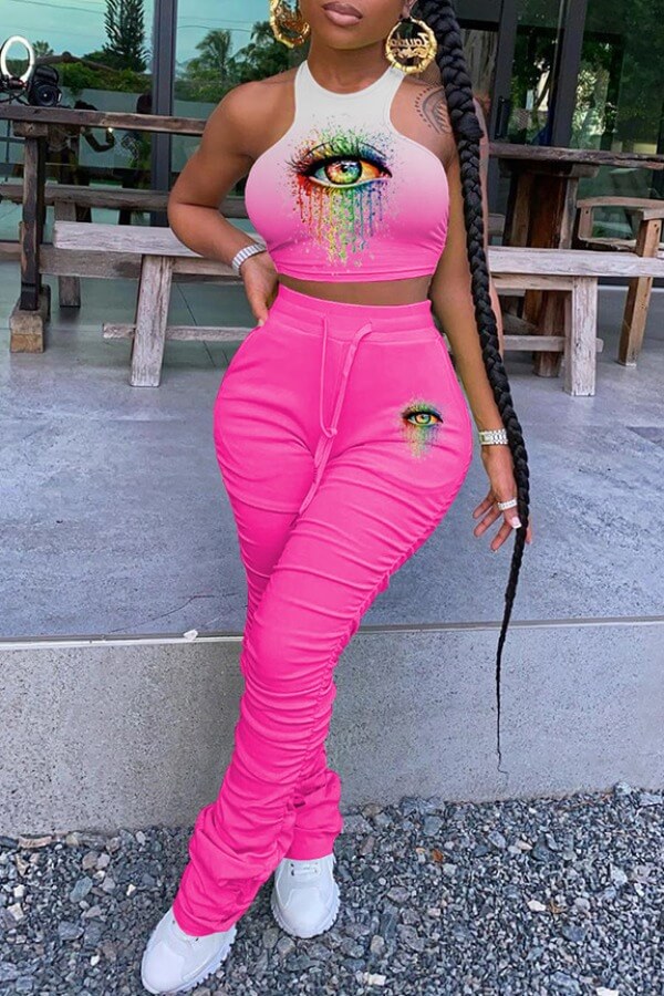 

Lovely Street Eye Print Rose Red Two-piece Pants Set