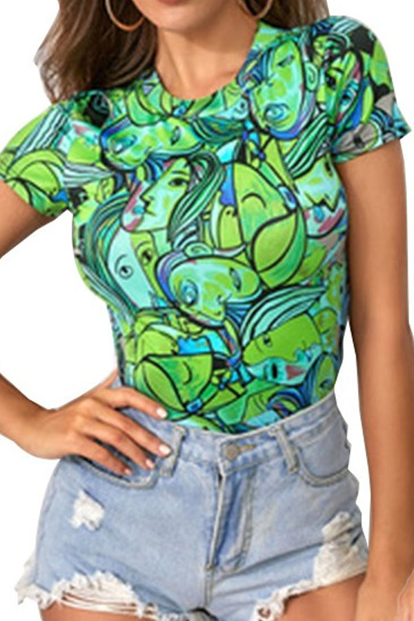 

lovely Trendy O Neck Print Green T-shirt