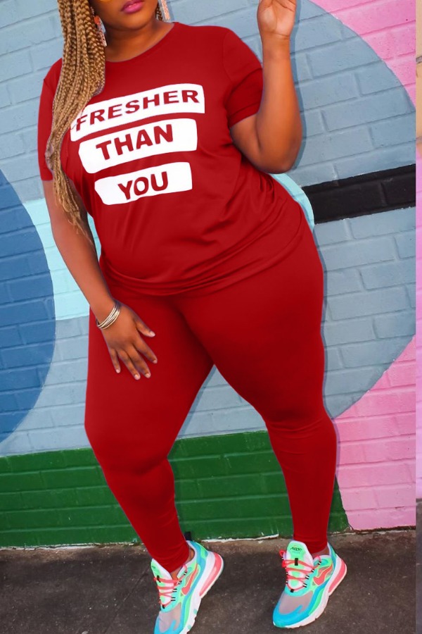 

lovely Street Letter Print Red Plus Size Two-piece Pants Set