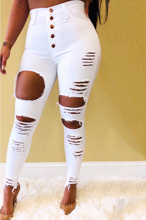 

Lovely Street Buttons Design Hollow-out White Jeans