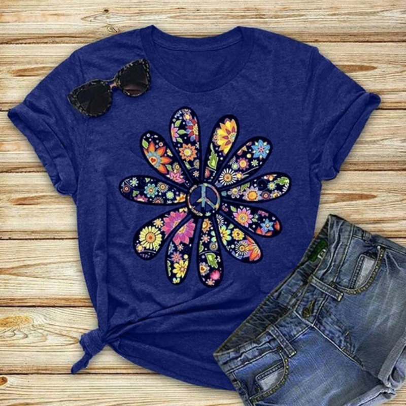 

Lovely Leisure O Neck Print Deep Blue Plus Size T-shirt