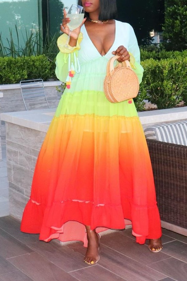 

lovely Bohemian V Neck Gradual Change Orange Ankle Length Dress