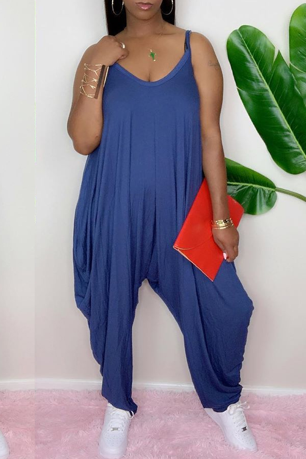 

lovely Leisure Fold Design Loose Blue One-piece Jumpsuit