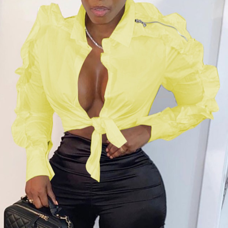 

lovely Sweet Turndown Collar Flounce Design Yellow Blouse