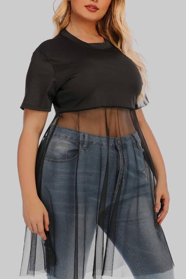 

lovely Sexy Patchwork See-through Black Plus Size T-shirt
