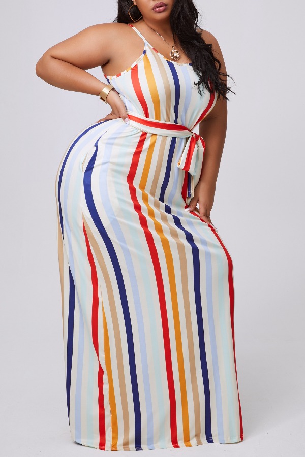 

lovely Casual Striped Apricot Maxi Plus Size Dress
